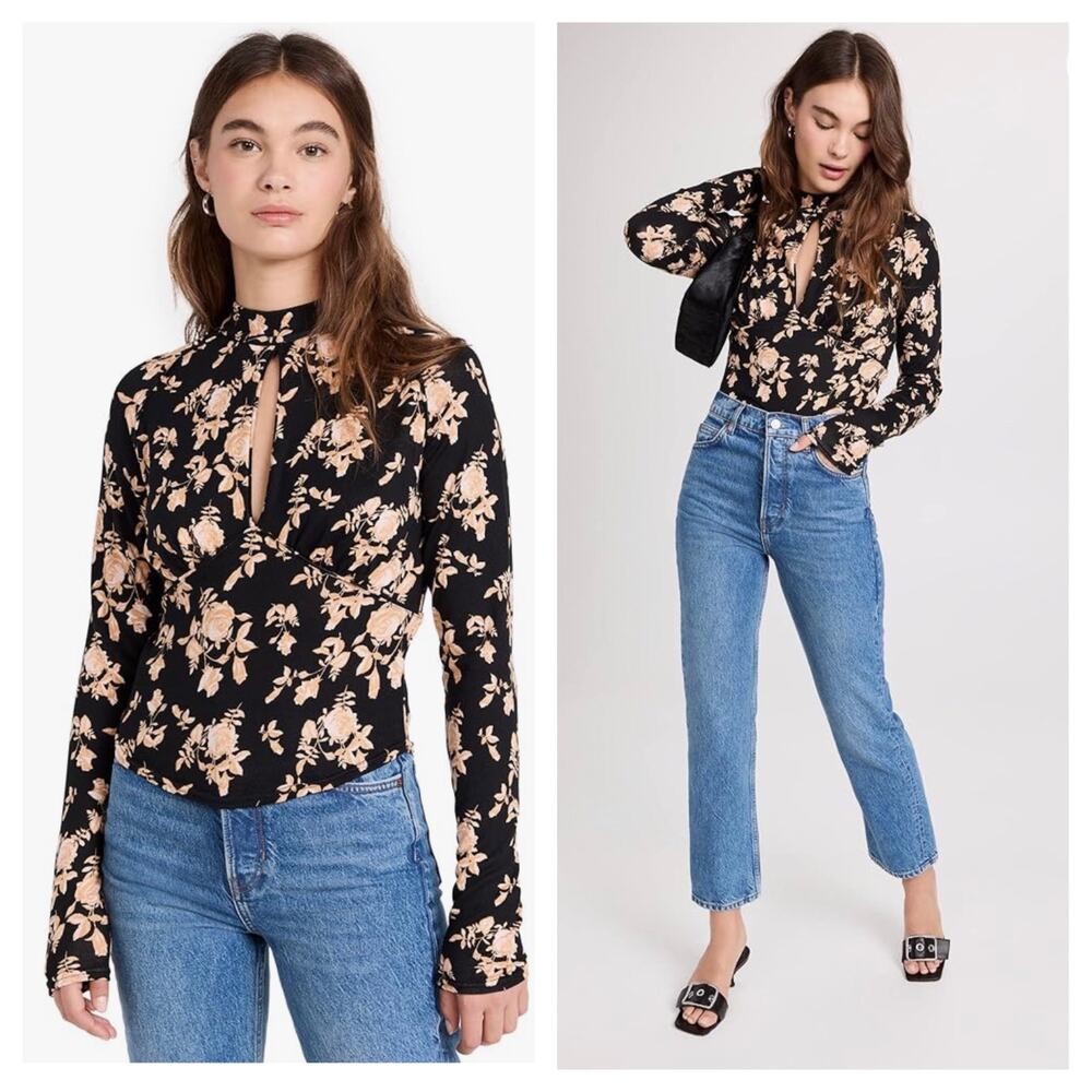 NWT Free People Dinner Party Black Floral Long Sleeve Crop Top XS